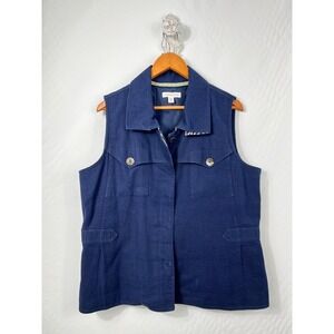 Coldwater‎ Creek Safari Vest Women's XL Blue Linen Blend Pockets Back Buckle